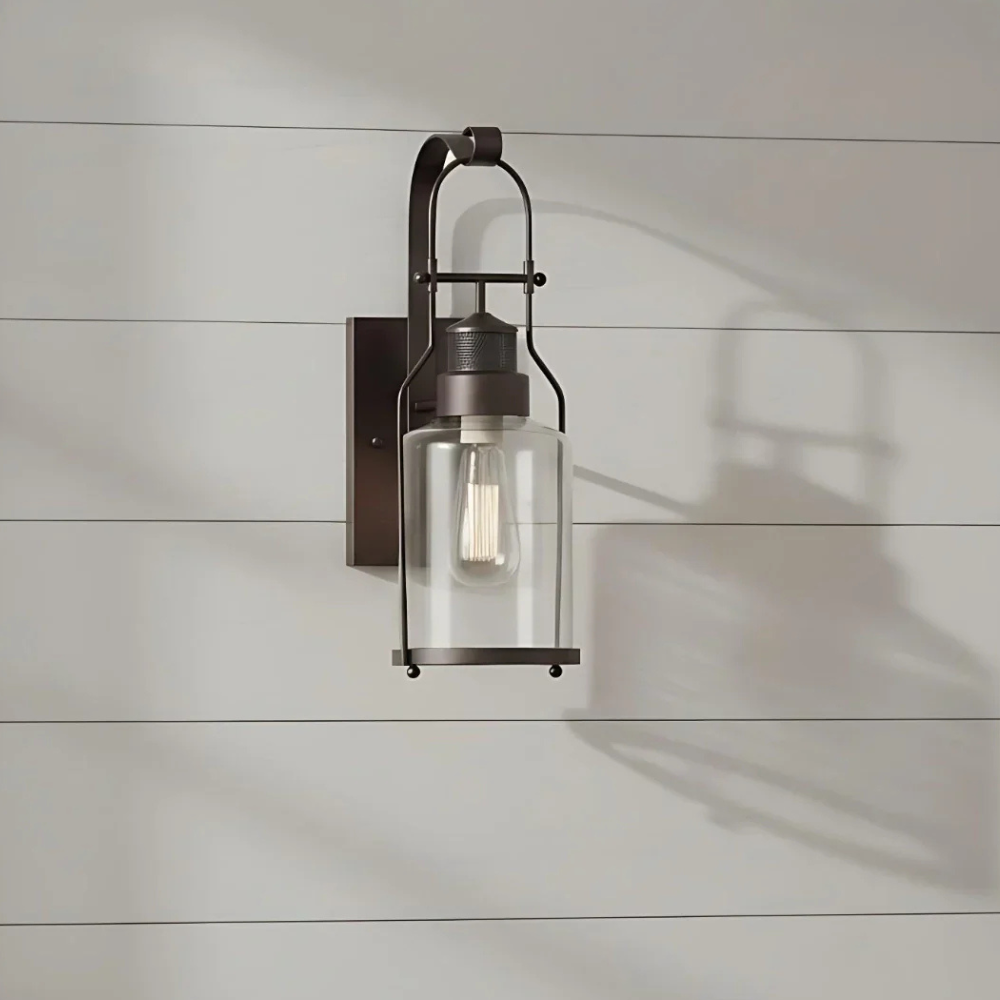 Permanent Outdoor House Lights with Clear Glass Jar Shade and Iron Arm
