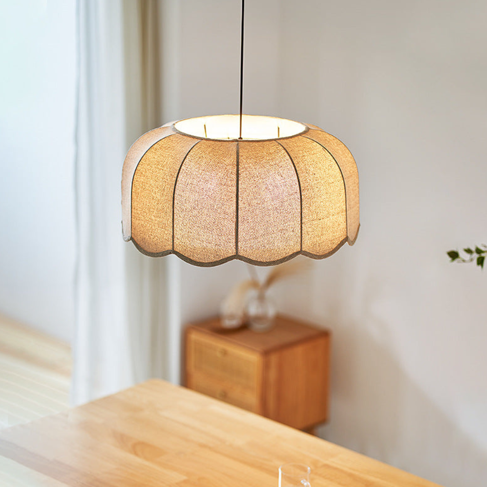 Scalloped Fabric Pendant Lamp - Modern Boho Beige Striped Ceiling Light