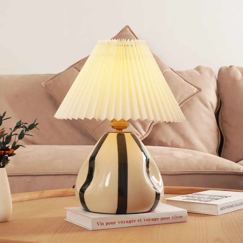 Table Lamp with Pleated Fabric Shade - Mid Century Modern Ceramic