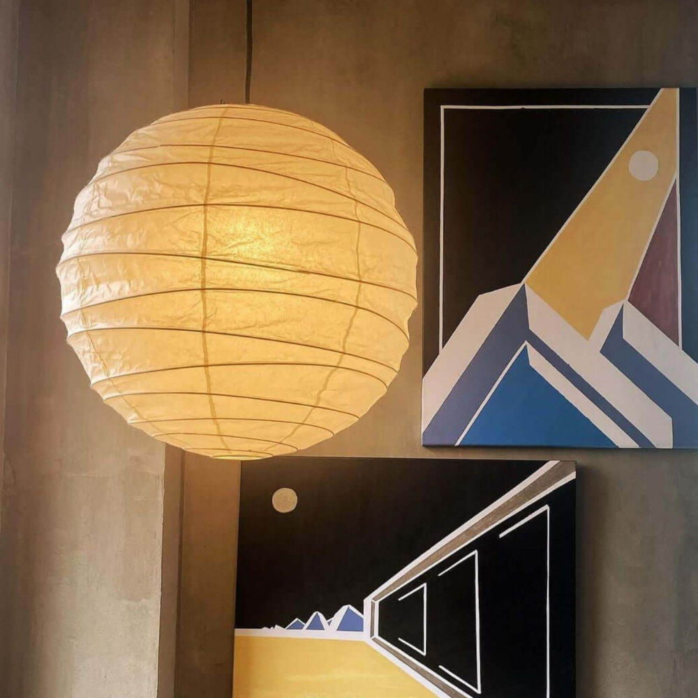 Spherical Ribbed Paper Hanging Fixture - Mid Century Modern Zen Style