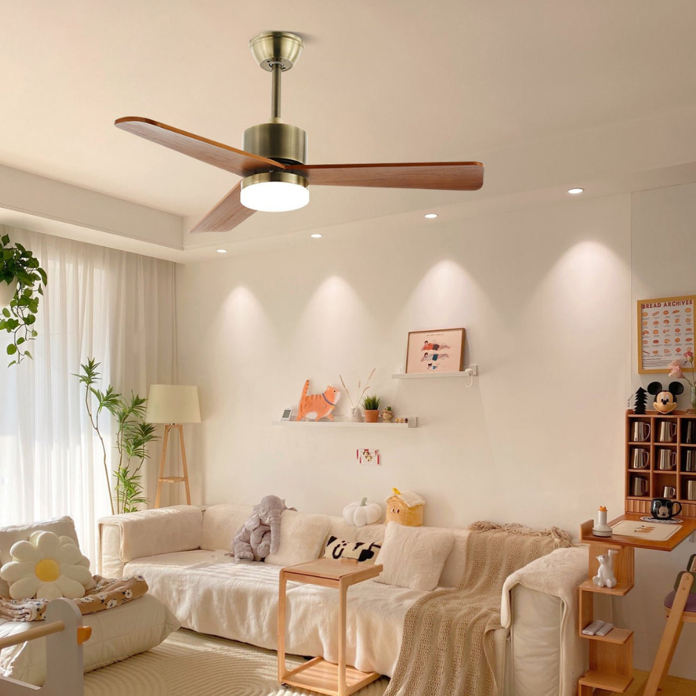 LED-Deckenventilator aus Metall und Holz mit 6-Gang-Fernbedienung – Modernes Design