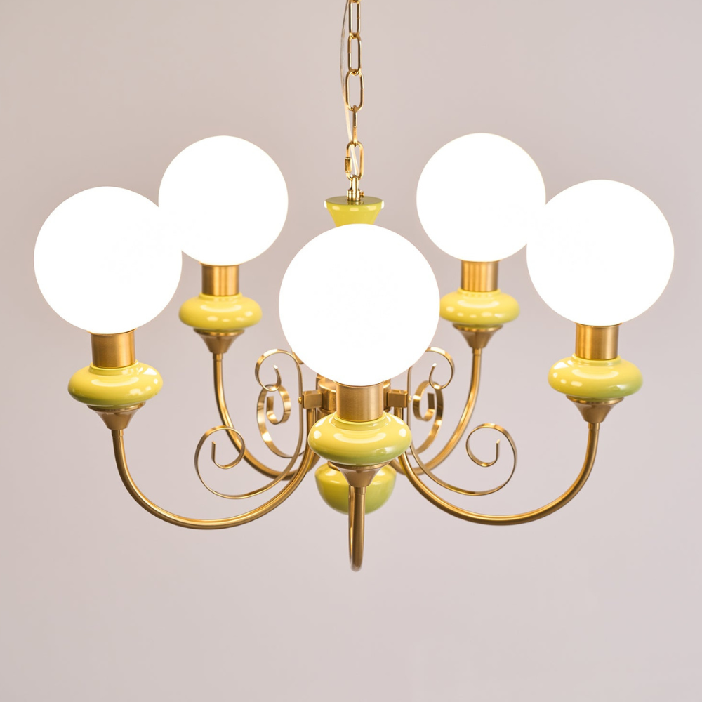 Chandelier with Milky Glass Globes and Scrollwork Frame - Vintage French Style
