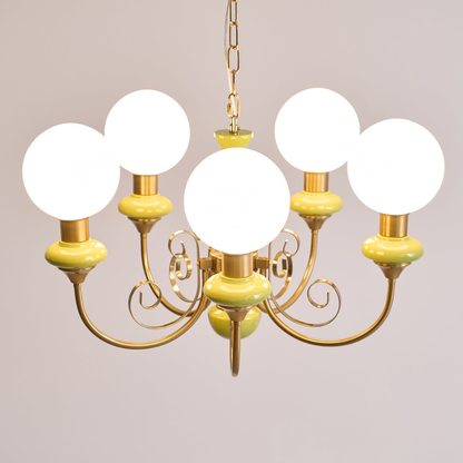 Chandelier with Milky Glass Globes and Scrollwork Frame - Vintage French Style