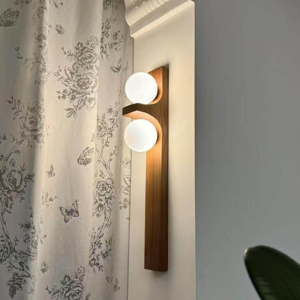 Double Orb Wall Sconce with Carved Wood Base - Mid Century Modern