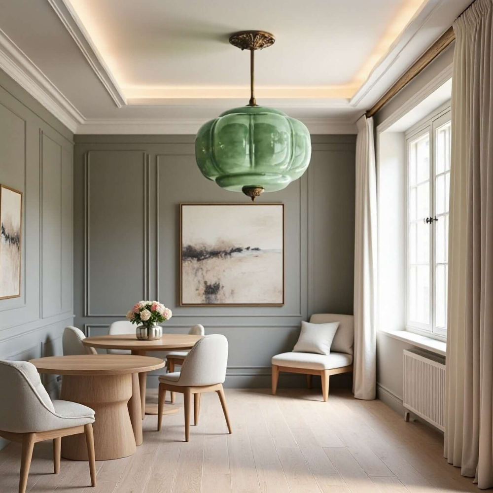 Gerippte Kürbis-Hängelampe mit kunstvollem Metallbesatz – Mid-Century-Design