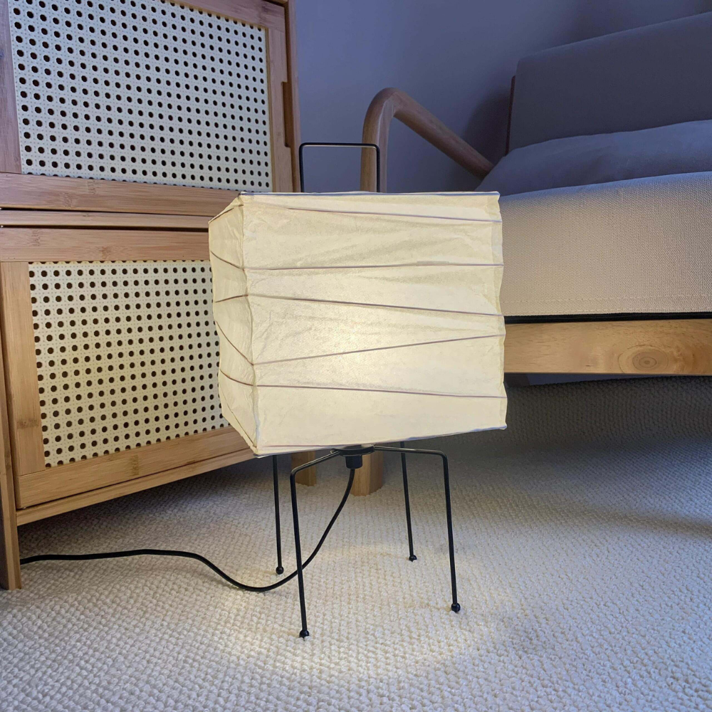 Japanese Paper Lantern Table Lamp with Metal Handle - Wabi Sabi Design