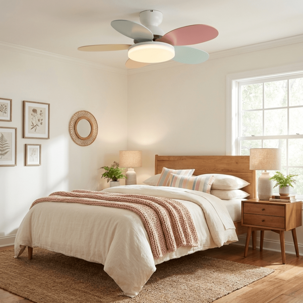 LED-Deckenventilator mit flachem Blumen-Silhouetten-Design und umkehrbarem Luftstrom – verspieltes Design