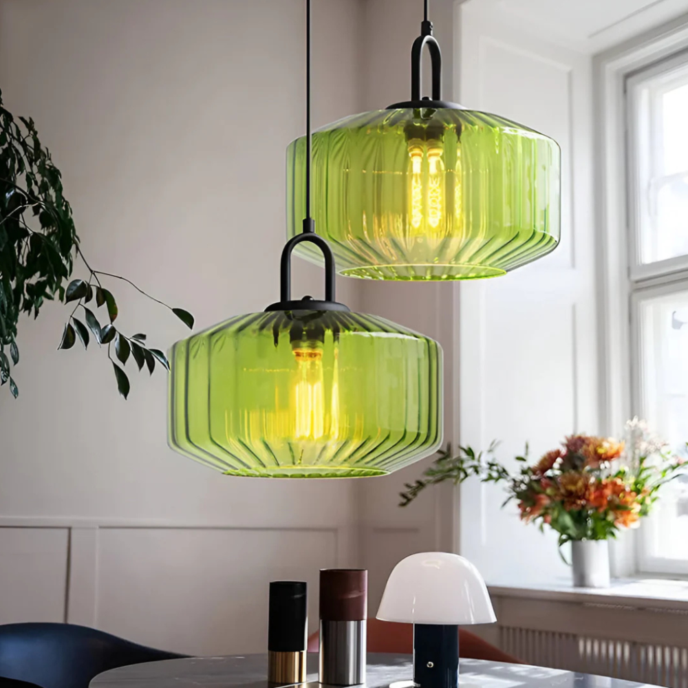 Pendant Light with Ribbed Glass Shade - Retro Mid Century Modern