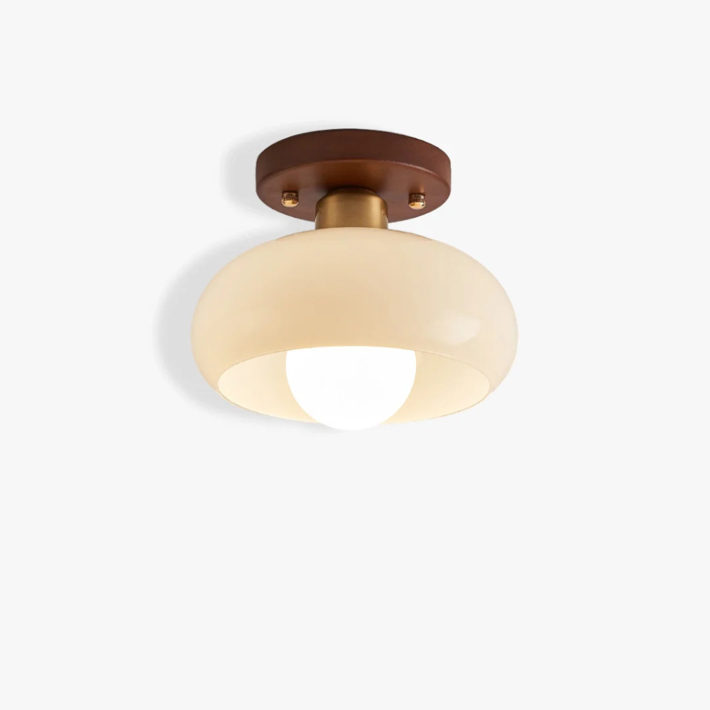 Flush Mount Ceiling Light with Glass Shade - Walnut Mid Century Modern