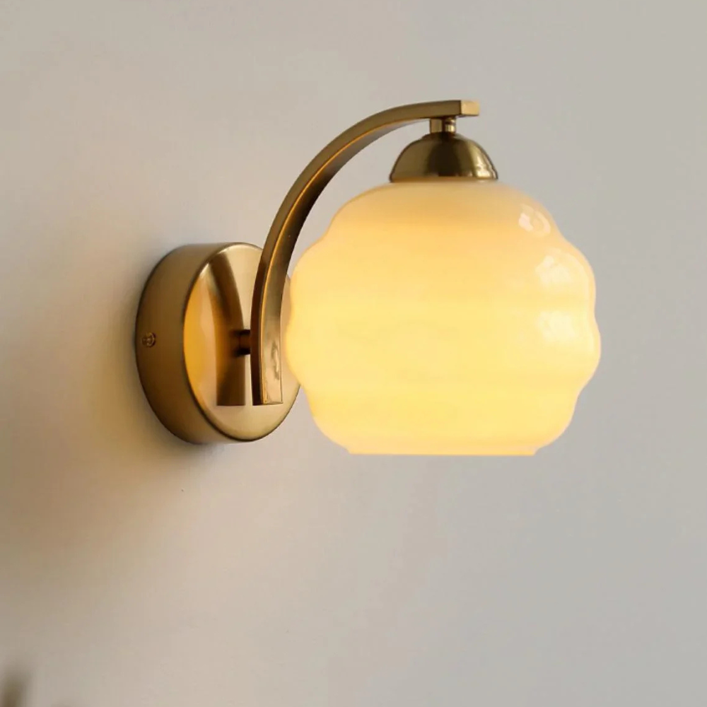 Wall Sconce with Ribbed Glass Globe - Modern Mid Century Gold