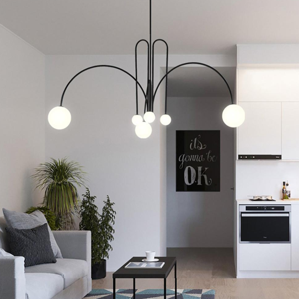 Chandelier with Arched Arms and Frosted Globes - Modern Mid Century