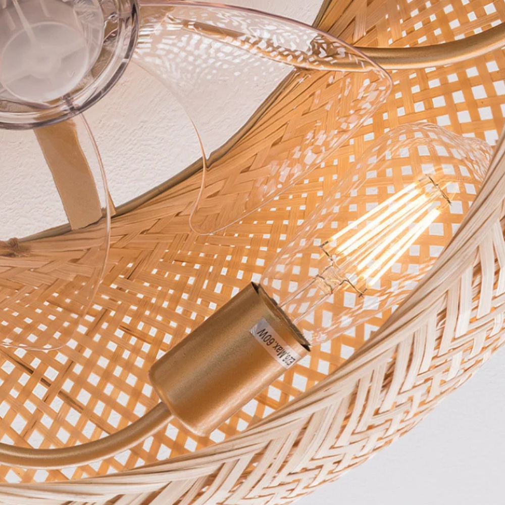 Flush Mount Ceiling Fan Light Woven Bamboo Shade - Coastal Boho Decor