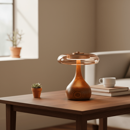 Mid-Century Modern Amber Glass and Walnut Wood LED Mushroom Table Lamp