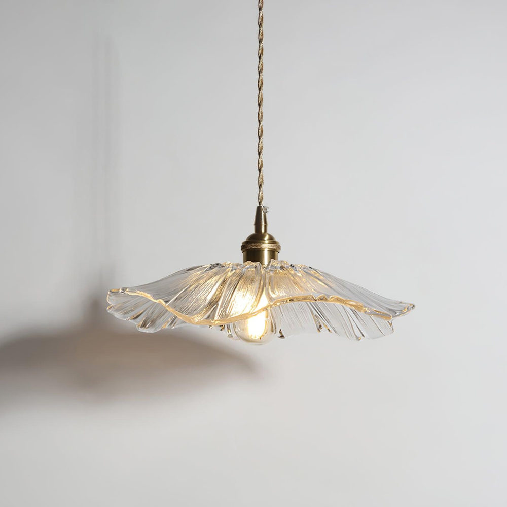Ribbed Glass Flower Petal Pendant Light with Copper Hardware – Vintage Mid Century Style