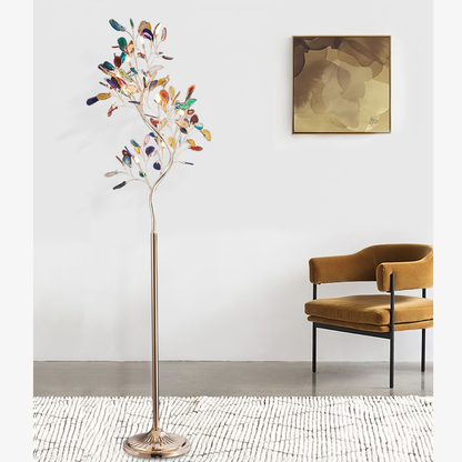 Floor Lamp with Natural Agate Stone Leaves and Metal Branching Frame
