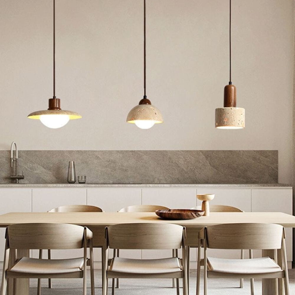 Suspension style travertin Wabi-Sabi avec bois massif - Décor moderne et naturel