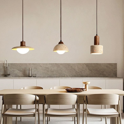Wabi-Sabi Travertine Style Pendant Light with Solid Wood - Modern Earthy Decor