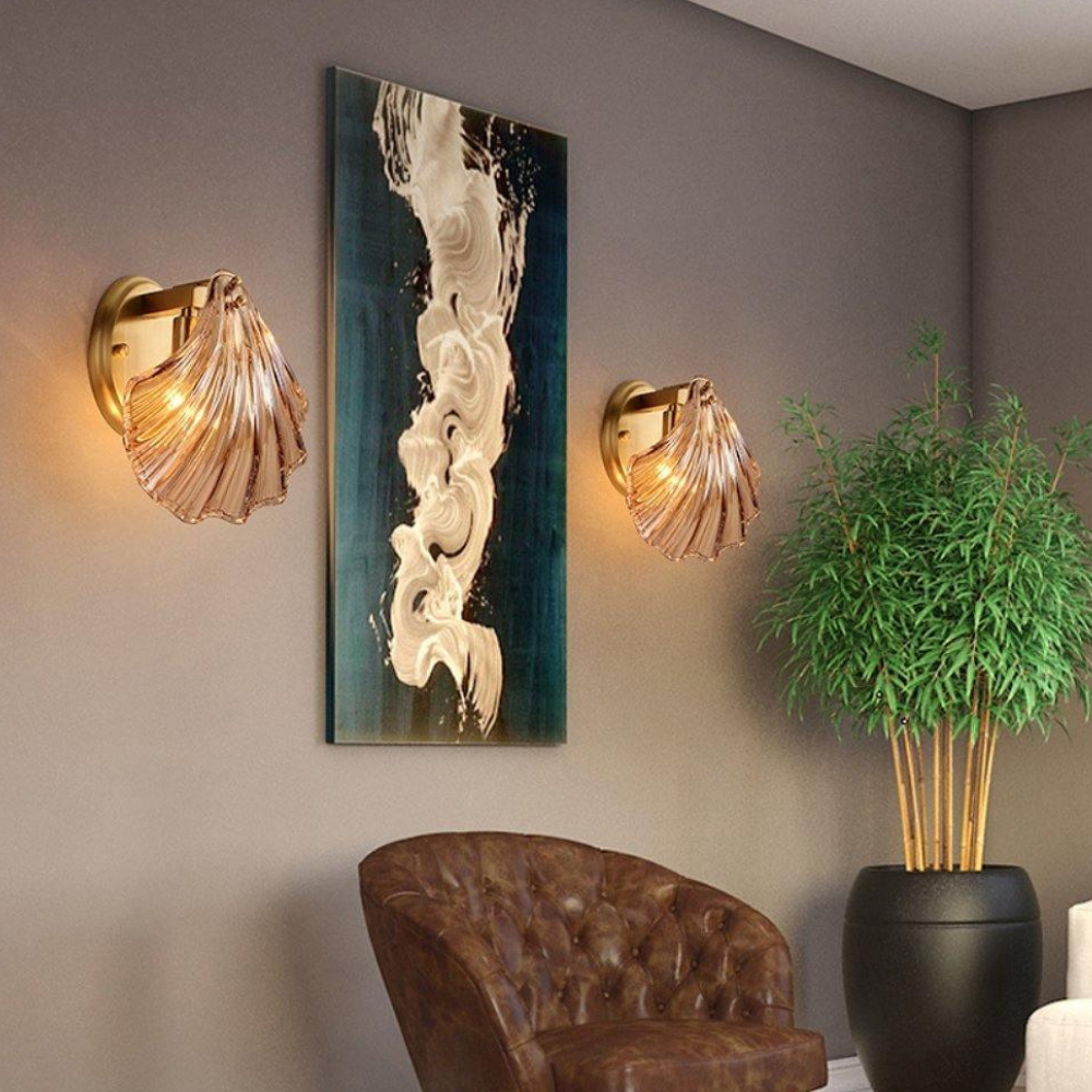 Shell Glass Wall Sconce with Scalloped Ribbed Shade - Coastal Art Deco