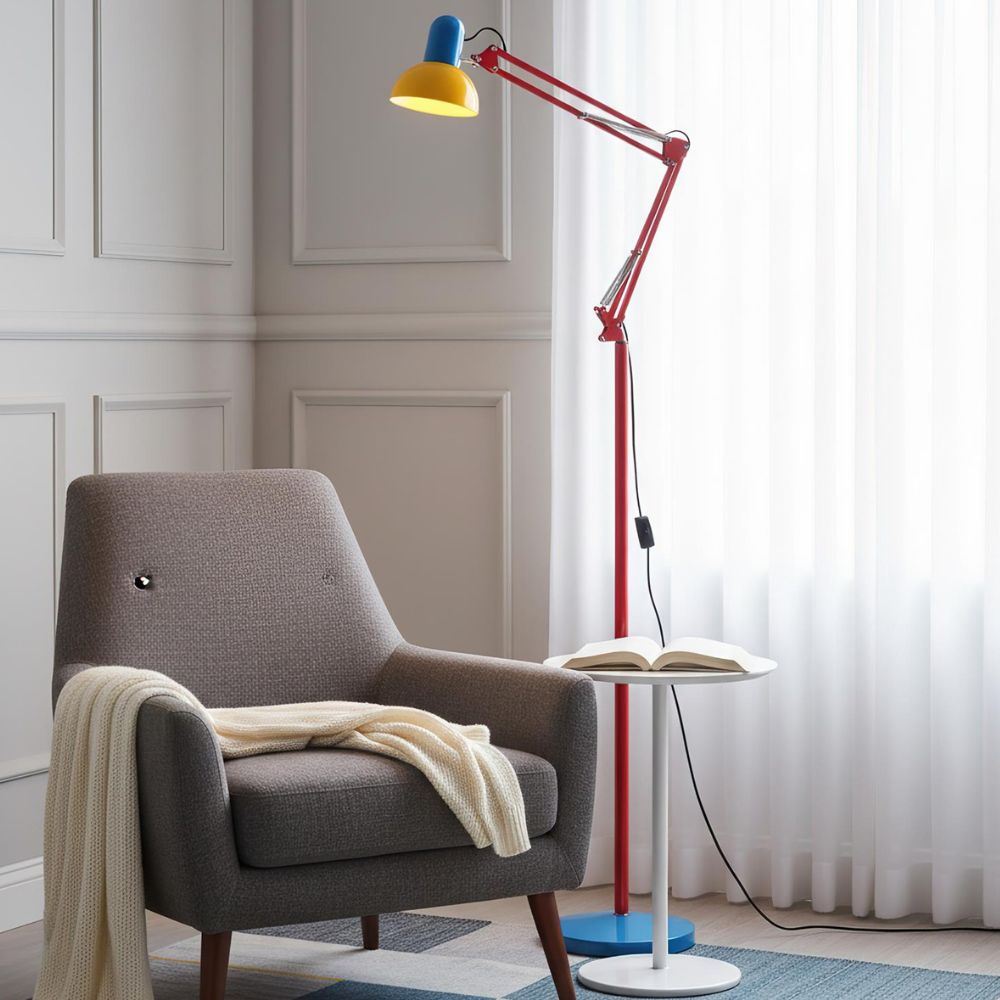 Adjustable Floor Lamp – Memphis Style with Spring-Balanced Articulated Arm and Metal Dome Shade