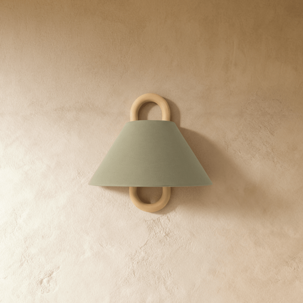 Wall Sconce with Tapered Fabric Shade - Modern Mid Century Wood