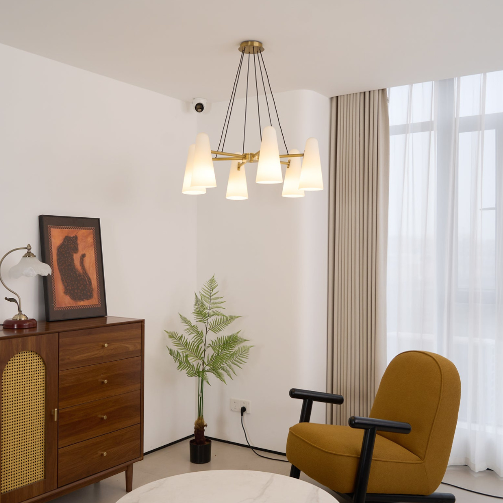 Lustre avec abat-jours en verre conique et cadre métallique - Moderne milieu du siècle