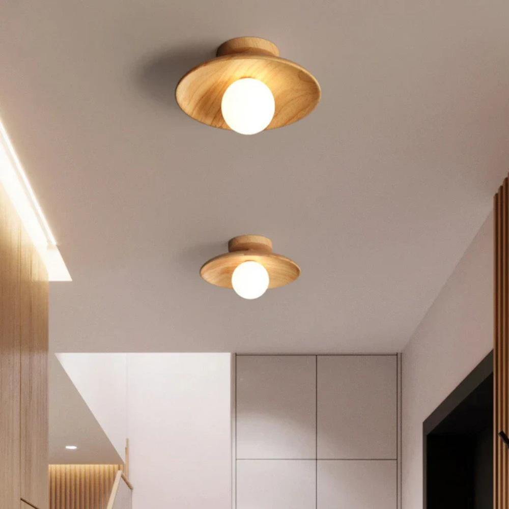 Flush Mount Ceiling Light with Wood Shade - Modern Scandinavian LED