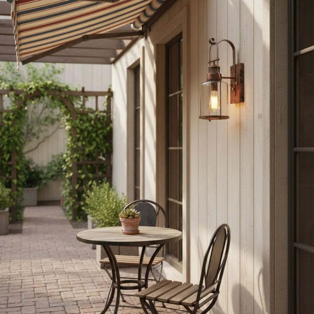 Permanent Outdoor House Lights with Clear Glass Jar Shade and Iron Arm