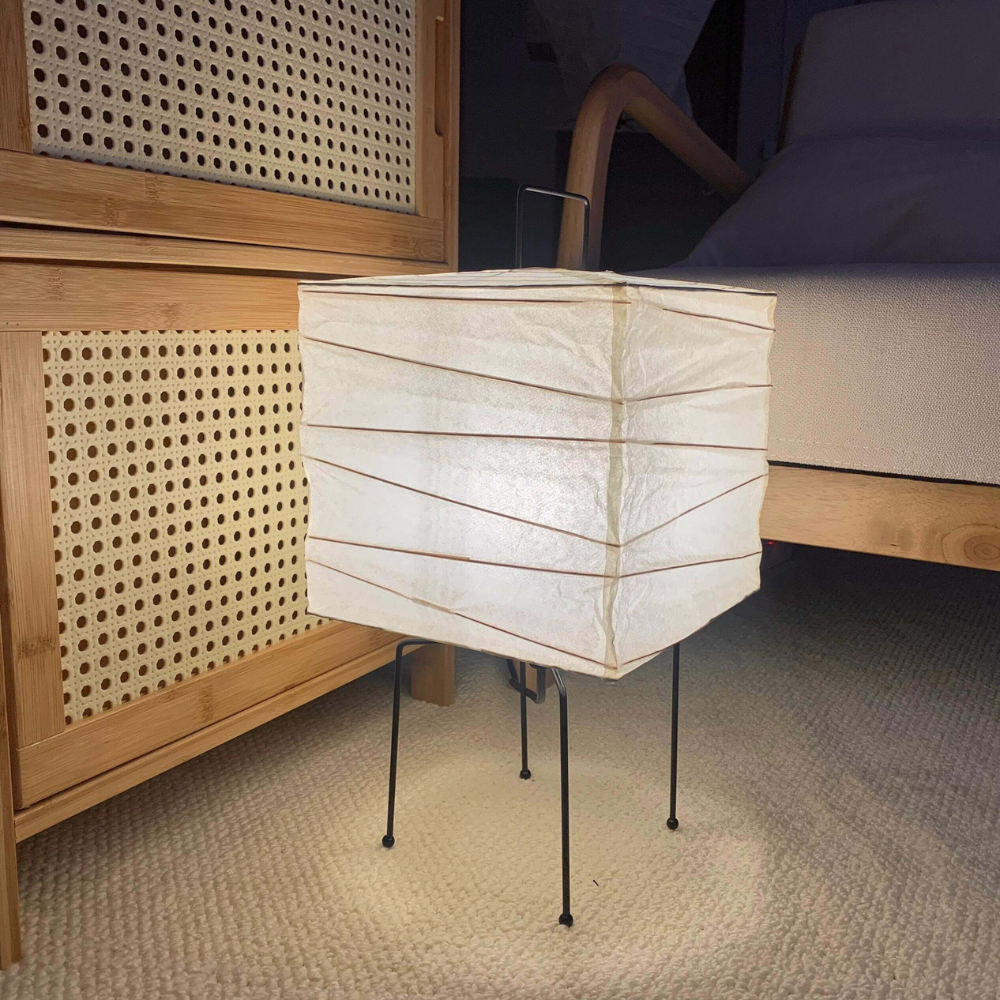 Japanese Paper Lantern Table Lamp with Metal Handle - Wabi Sabi Design
