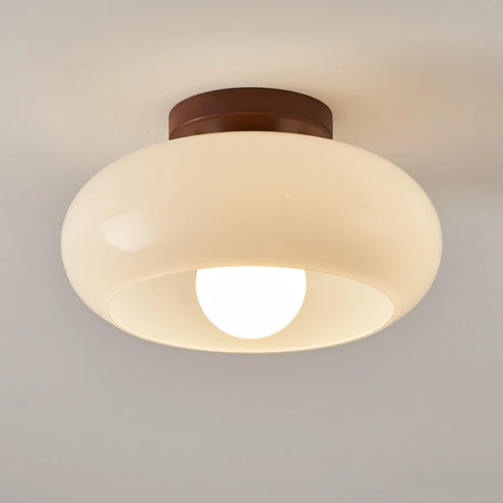 Flush Mount Ceiling Light with Glass Shade - Walnut Mid Century Modern