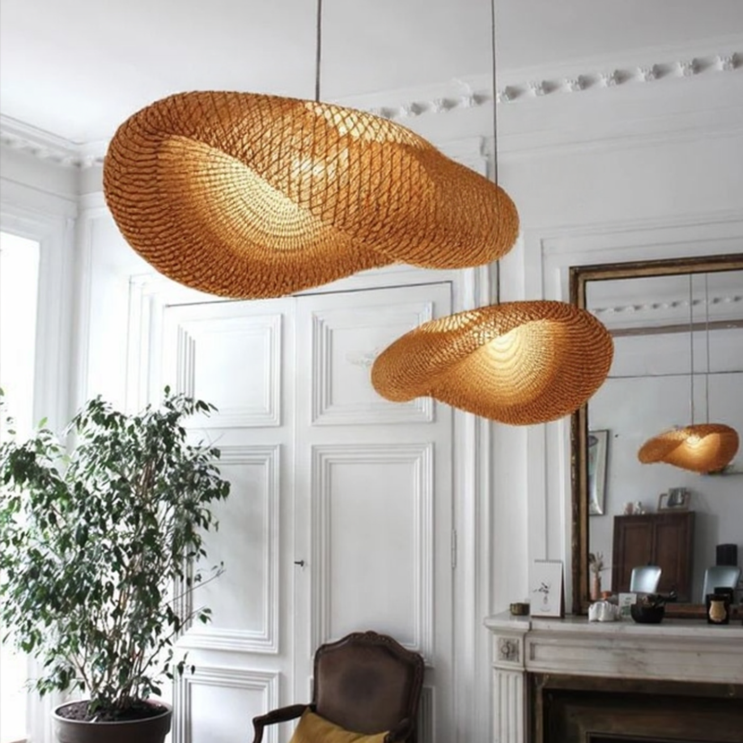 Lustre suspendu en rotin moderne - Lampe de plafond en bambou