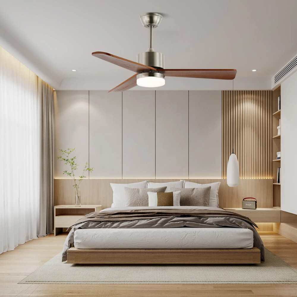 LED-Deckenventilator aus Metall und Holz mit 6-Gang-Fernbedienung – Modernes Design