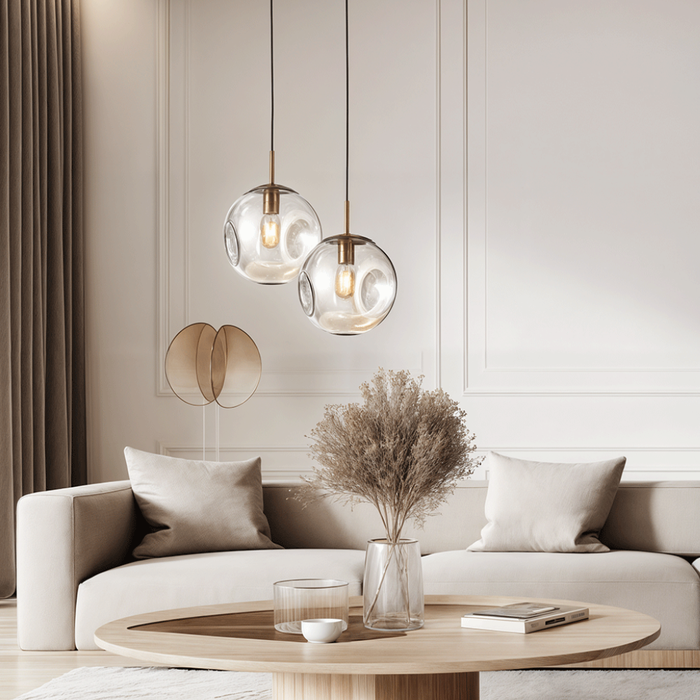 Indented Glass Globe Pendant Light - Smoky or Amber Tinted Orb