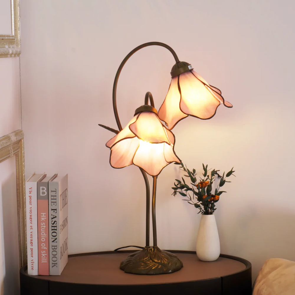 Table Lamp with Flower Glass Shades - Vintage Stained Glass Floral