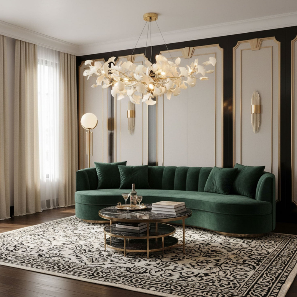 Sputnik-Kronleuchter mit Keramik-Ginkgoblättern – Moderner Art Deco