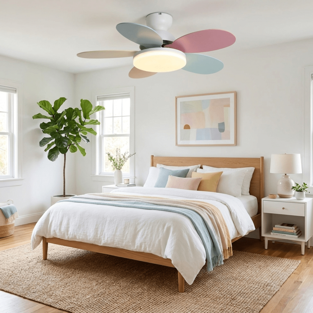 LED-Deckenventilator mit flachem Blumen-Silhouetten-Design und umkehrbarem Luftstrom – verspieltes Design