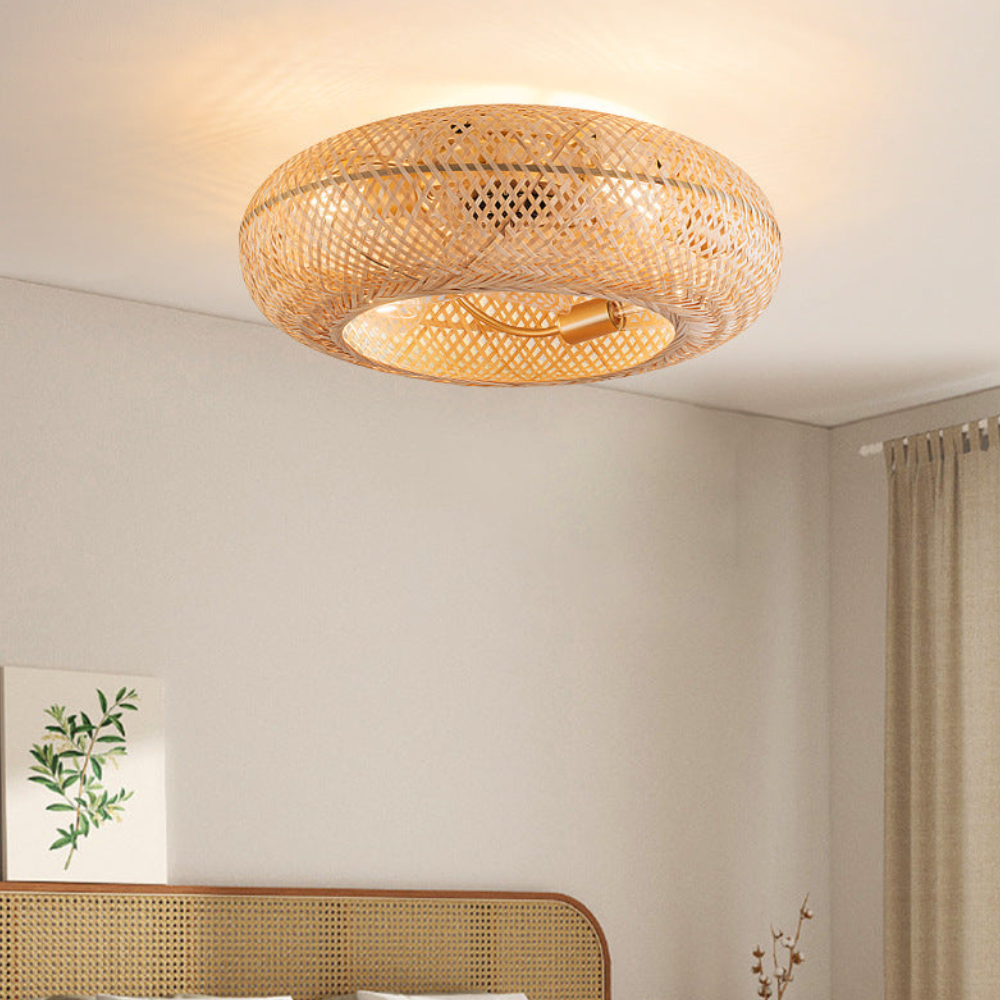 Flush Mount Ceiling Fan Light Woven Bamboo Shade - Coastal Boho Decor