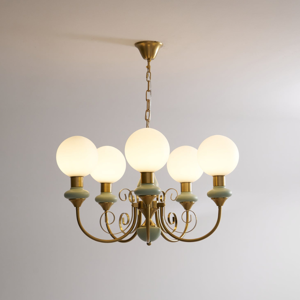 Chandelier with Milky Glass Globes and Scrollwork Frame - Vintage French Style