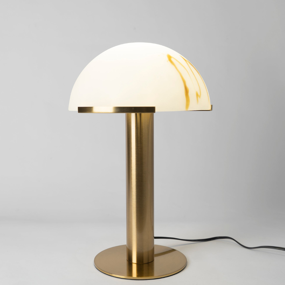 Glas- und Alabaster-Kuppeltischlampe mit Metallfuß – Mid-Century-Modern