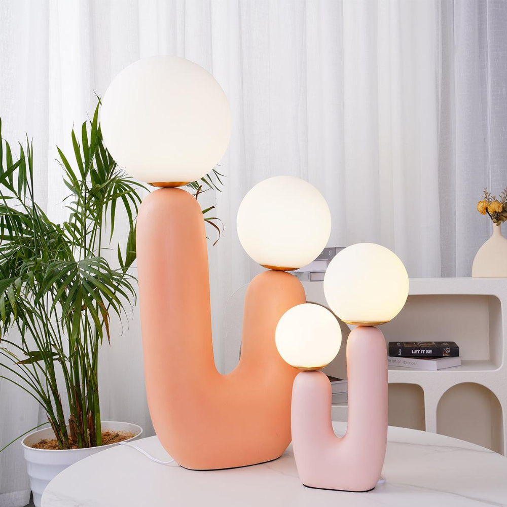 Lampe de table en résine en forme de U de style milieu du siècle avec deux globes en verre