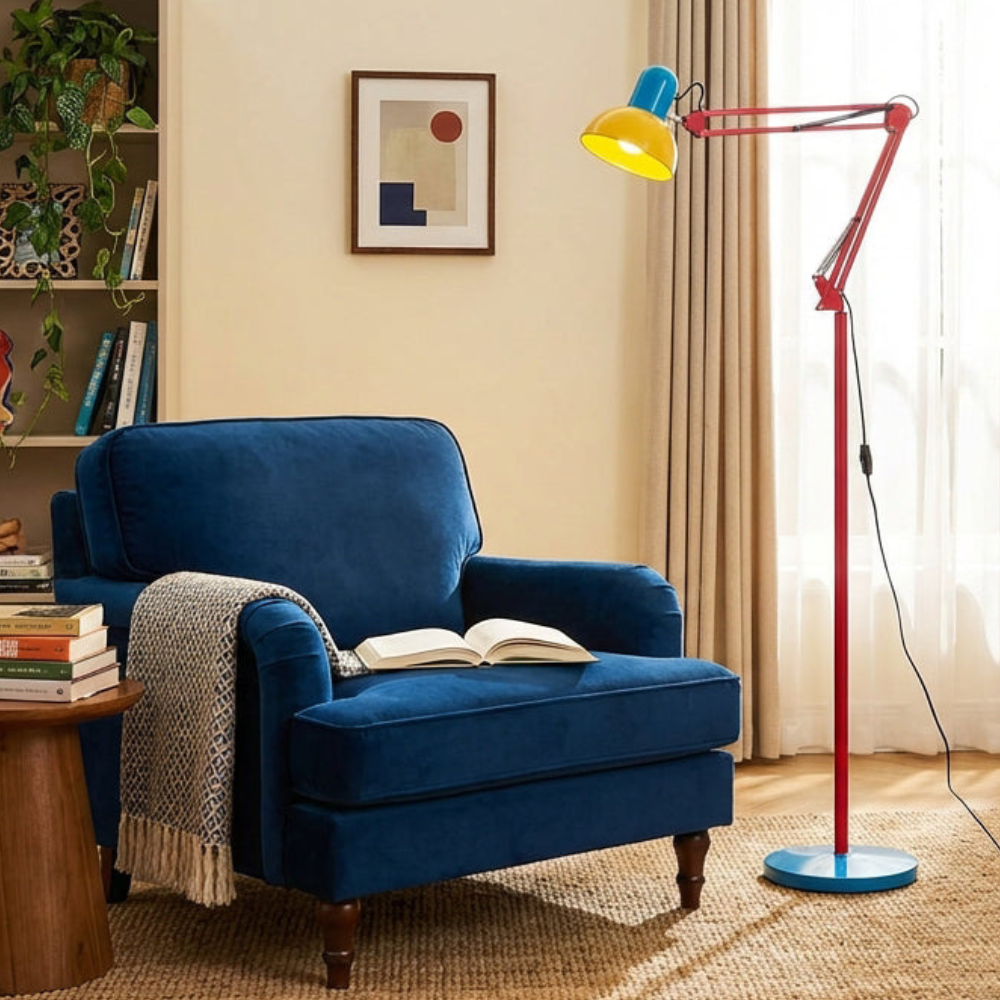 Adjustable Floor Lamp – Memphis Style with Spring-Balanced Articulated Arm and Metal Dome Shade