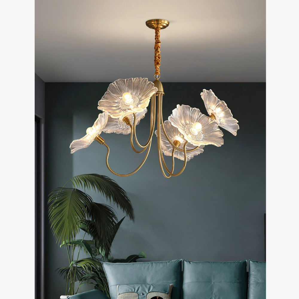 Chandelier with Flower Glass Shades and Gold Metal Frame - Modern Art Deco