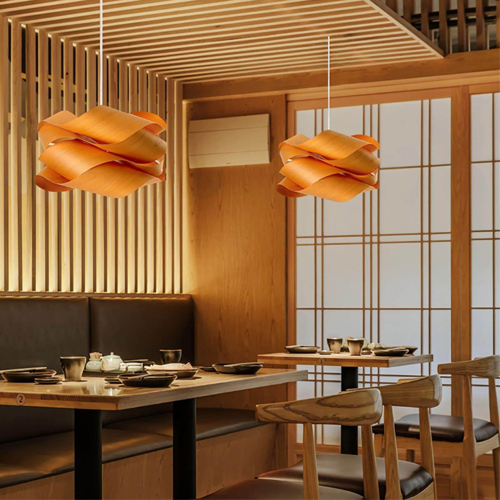 Wood Ribbon Pendant Light with Spiral Shade - Mid Century Modern