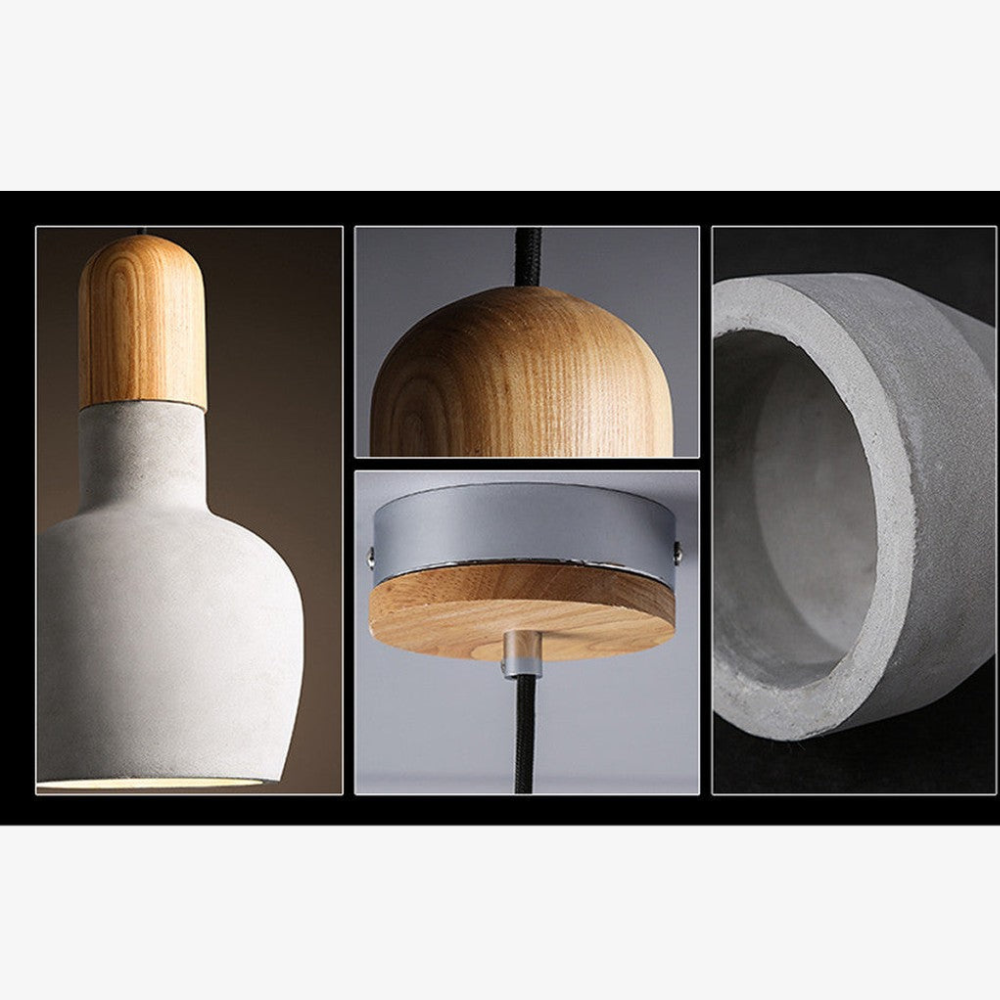 Modern Concrete & Wood Pendant Light - Nordic Industrial Timber Hanging Lamp