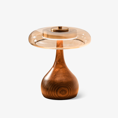 Mid-Century Modern Amber Glass and Walnut Wood LED Mushroom Table Lamp