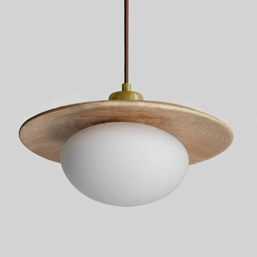 Moderne Pendelleuchte aus Kieselglas und Holz – Japandi Disk Pendelleuchten