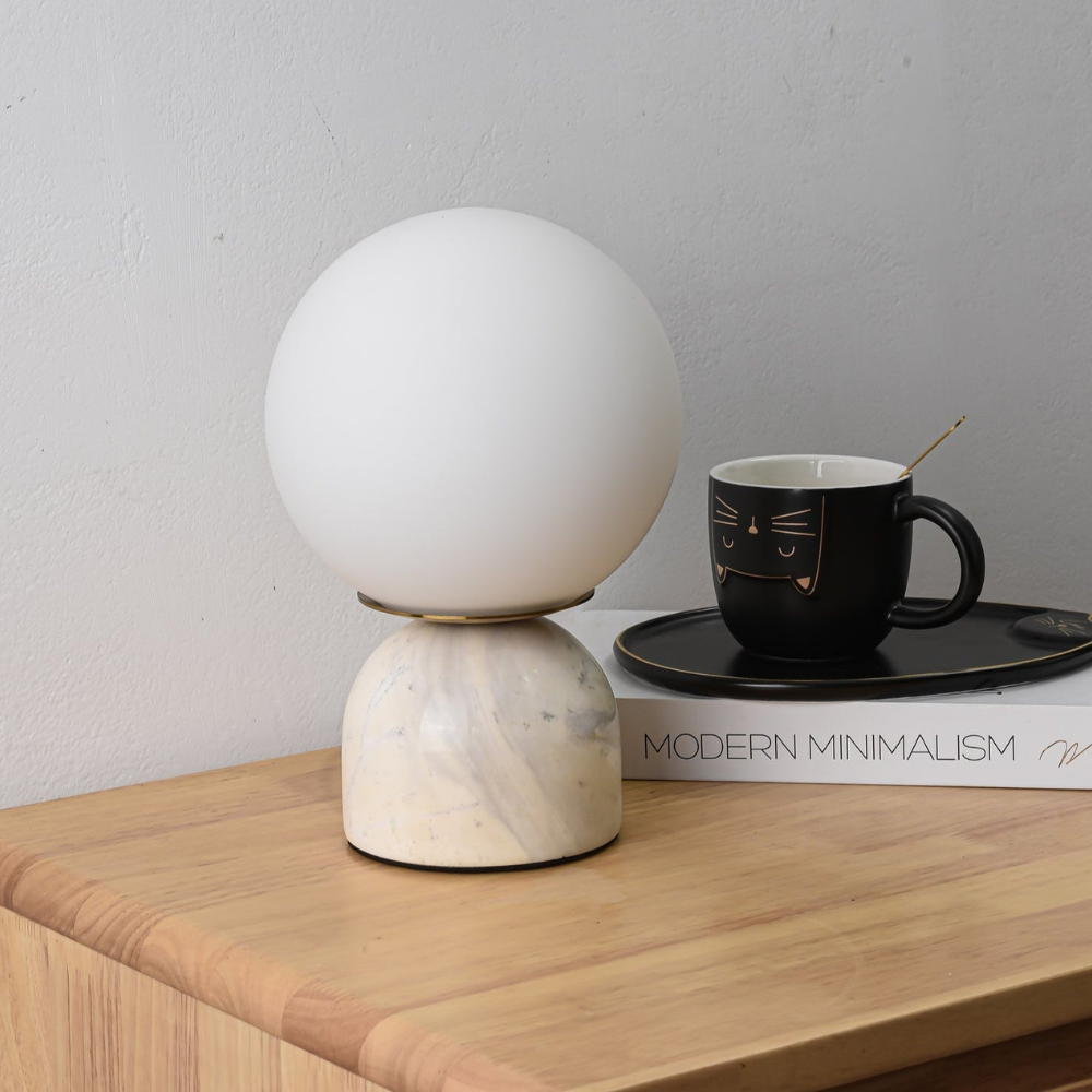 Mid-Century Modern Marble Table Lamp - Round Glass Globe Bedside Light