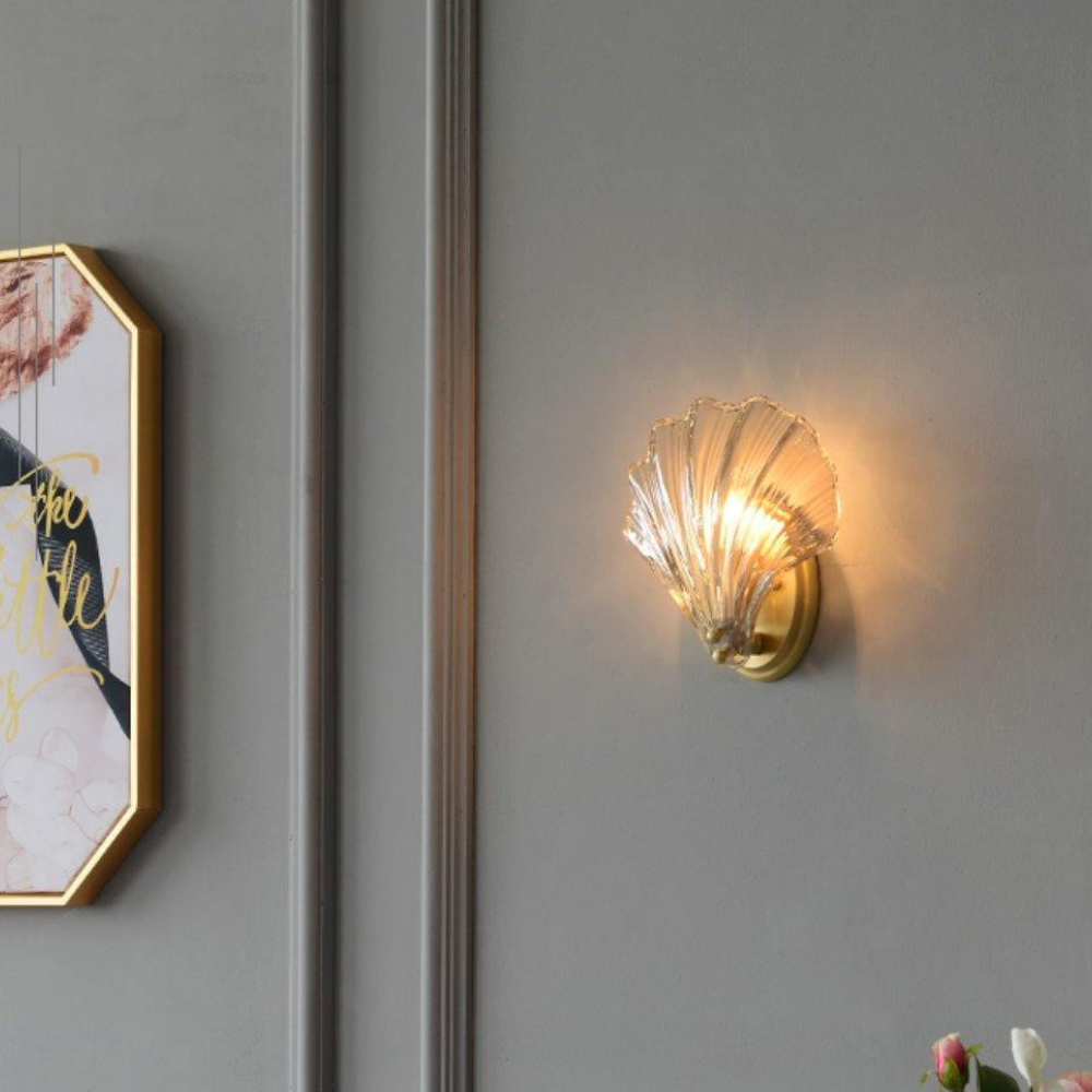 Shell Glass Wall Sconce with Scalloped Ribbed Shade - Coastal Art Deco