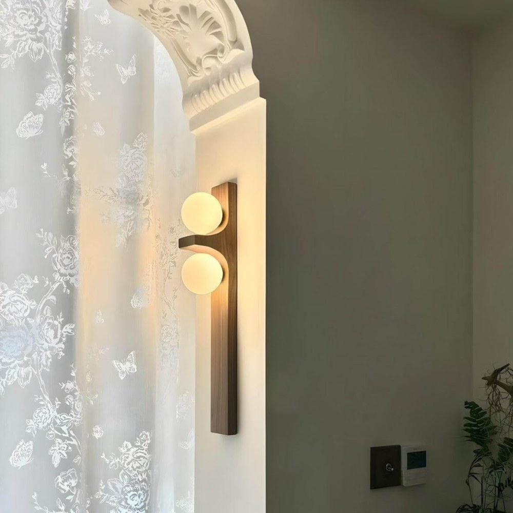 Double Orb Wall Sconce with Carved Wood Base - Mid Century Modern