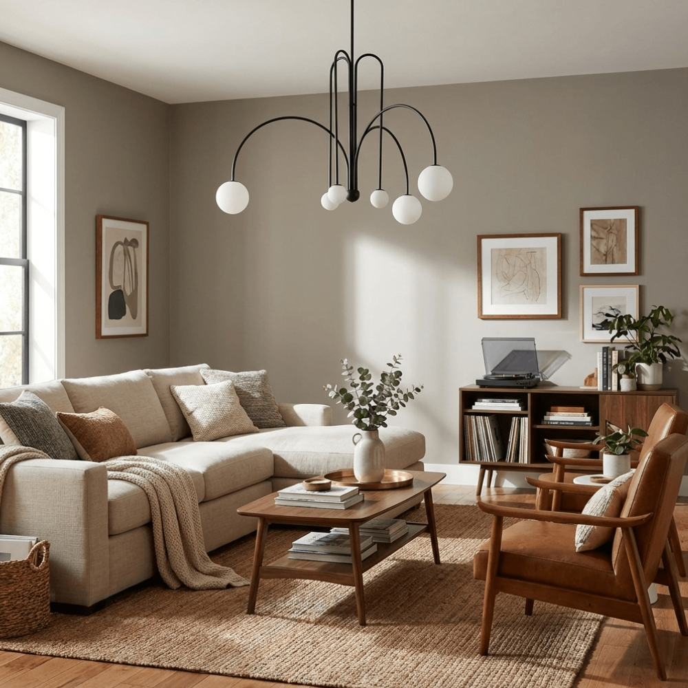 Chandelier with Arched Arms and Frosted Globes - Modern Mid Century