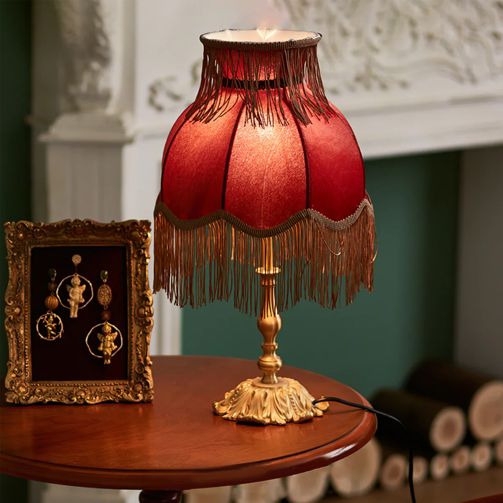 Table Lamp with Fringed Fabric Shade - Vintage Traditional Red